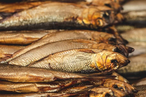 Dry Smoked Salted Herrings Row Street Food Market Close — Stock Photo, Image