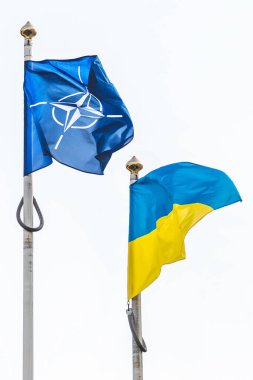 Kiev, Ukrayna - 3 Mart 2022: NATO, Kuzey Atlantik Antlaşma Örgütü ve Ukrayna bayrakları beyaz gökyüzünde birlikte sallanıyor, kopyalama alanı, dikey