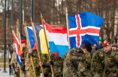 Vilnius, Litvanya - 29 Mart 2022: Çeşitli Avrupa ülkelerinin bayrakları, NATO ile bütünleşme birimi üyeleri, kapatın