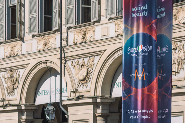 Torino, Italy - April 8 2022: Poster of Eurovision Song Contest 2022 in Torino in the center of Piazza San Carlo in central Turin