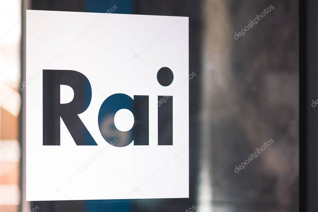 Torino, Italy - April 8 2022: RAI Radio Televisione Italiana, logo of Italian state radio and television on the door of the entrance of the headquarter