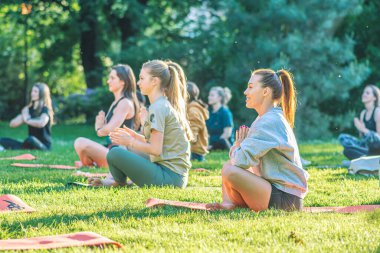 Vilnius, Litvanya - 22 Haziran 2022: Güzel kızlar yaz aylarında halka açık bir parkta çimlerin üzerinde yoga ya da spor yapıyorlar