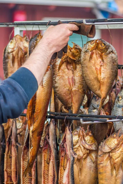 Hanging smoke-dried fish in a fish market just smoked with hardwood wood chips in a smoker and ready to eat, vertical