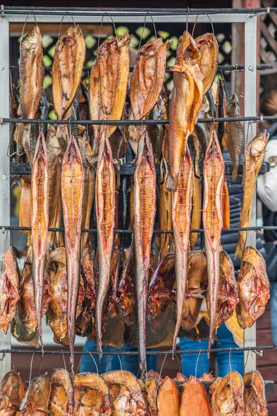 Hanging Smoke Dried Fish Fish Market Just Smoked Hardwood Wood — Stock Fotó