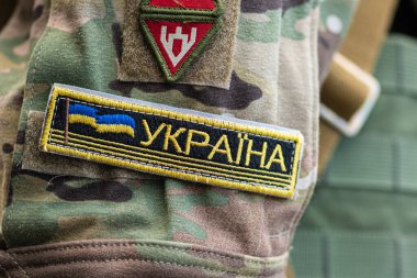 Kyiv, Ukraine - August 31 2022: Flag of Ukraine, Ukrainian Army or Armed Forces on a patch of a soldier military uniform, close up