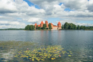 Medieval castle of Trakai, Vilnius, Lithuania, Eastern Europe, surrounded by beautiful lakes and nature in summer with water lilies and wooden bridge