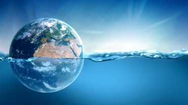 Planet earth submerged and floating in water. Concept 3D illustration of global warming and rising sea level in climate change due to man-made carbon emissions. Blue ocean Background and sinking globe. clipart