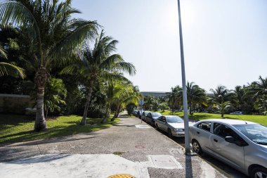 Cancun, Hotel Area, plajlar, deniz, yüzme havuzları, palmiye ağaçları, tropikal bitki örtüsü Meksika Körfezi kıyısında en az 15 ila en fazla 35 derece sıcaklıkta tropikal iklimi olan bir spa merkezidir.