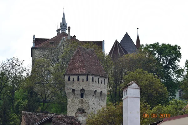 Une Tour Forteresse Sighisoara Entourée Mur Construite Pour Protéger Ville — Photo