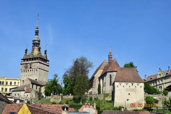 Segesváron Található Óratorony Erőd Főkapuja Legnagyobb Védőtorony Amely 1575 Városháza — Stock Fotó