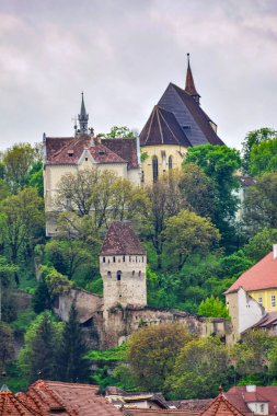 Sighisoara Kalesi 'ndeki ortaçağ binaları laik evler, tarihi anıtlar, her birinin adı, tarihi ve plaketleri Rumen İngilizcesi ve Almancası sokak ve binaları.