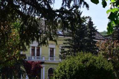 Sighisoara Kalesi 'ndeki ortaçağ binaları laik evler, tarihi anıtlar, her birinin adı, tarihi ve plaketleri Rumen İngilizcesi ve Almancası sokak ve binaları.