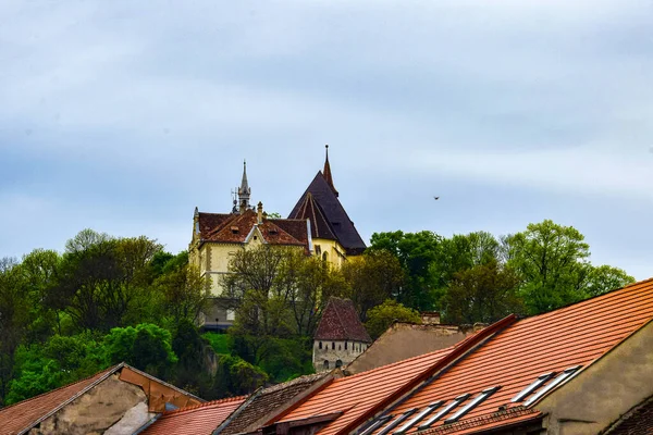 Średniowieczne Budynki Twierdzy Sighisoara Świeckie Domy Zabytki Każdy Nazwą Historią — Zdjęcie stockowe