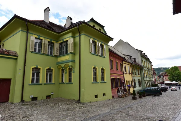 Średniowieczne Budynki Twierdzy Sighisoara Świeckie Domy Zabytki Każdy Nazwą Historią — Zdjęcie stockowe