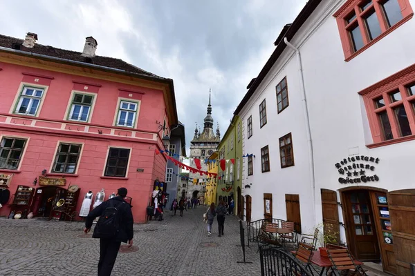 Średniowieczne Budynki Twierdzy Sighisoara Świeckie Domy Zabytki Każdy Nazwą Historią — Zdjęcie stockowe