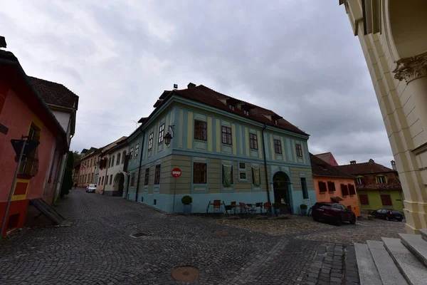 Średniowieczne Budynki Twierdzy Sighisoara Świeckie Domy Zabytki Każdy Nazwą Historią — Zdjęcie stockowe