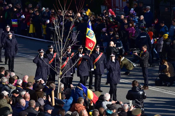 Desfile Nacional Rumania Targu Jiu Con Soldados Gendarmería Rumana Equipados —  Fotos de Stock