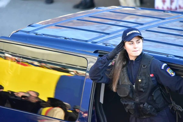 Romanya 'nın Targu-jiu' daki ulusal gününde, Romen jandarma askerlerinin otomatik silah ve maskeleme kıyafetleri ile donatılmış lacivert gala üniformaları giydiği bir tören düzenlendi 