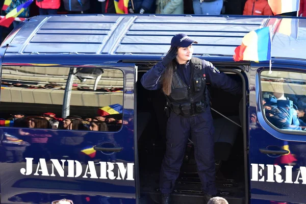 Romanya 'nın Targu-jiu' daki ulusal gününde, Romen jandarma askerlerinin otomatik silah ve maskeleme kıyafetleri ile donatılmış lacivert gala üniformaları giydiği bir tören düzenlendi 