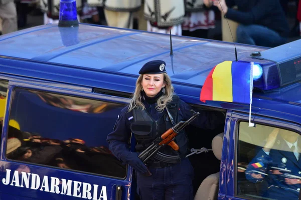 Romanya 'nın Targu-jiu' daki ulusal gününde, Romen jandarma askerlerinin otomatik silah ve maskeleme kıyafetleri ile donatılmış lacivert gala üniformaları giydiği bir tören düzenlendi 