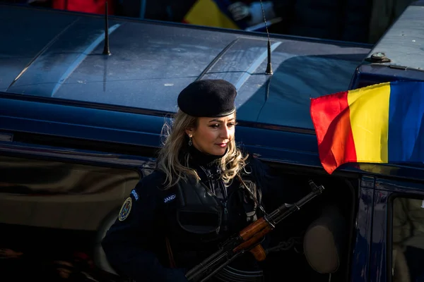 Romanya 'nın Targu-jiu' daki ulusal gününde, Romen jandarma askerlerinin otomatik silah ve maskeleme kıyafetleri ile donatılmış lacivert gala üniformaları giydiği bir tören düzenlendi 