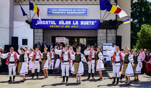 Transilvanya 'dan halk dansçıları tavus kuşu boncukları ve tüyleriyle süslenmiş astrakhan kuzu derisi şapkalar giyer, beyaz keten gömlek ve pantolon, geniş deri kemer, ulusal bayrağı temsil eden üç renkli köşegen.