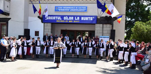 Geleneksel Siyah Motiflerle Dikilmiş Ulusal Keten Pastoral Kostümlü Romen Halk — Stok fotoğraf