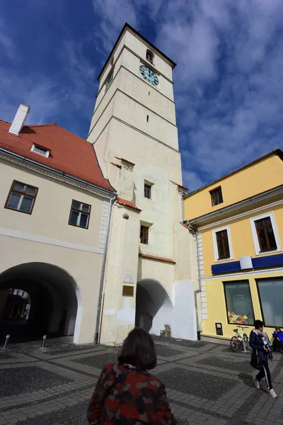 Torre Conselho Sibiu Uma Torre Sob Qual Corredor Entre Piaa — Fotografia de Stock