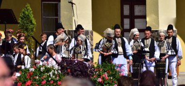Sibiu Çayırı 'ndaki erkekler ve kızlar pastoral kostümler içinde yuvarlak kumaş şapkalar, etekli bir gömlek, pantolon, geniş bir deri kemer, göğüs ve kızlar beyaz bir fular, yakalı bir gömlek ve üç renkli bir kemer giyerler.