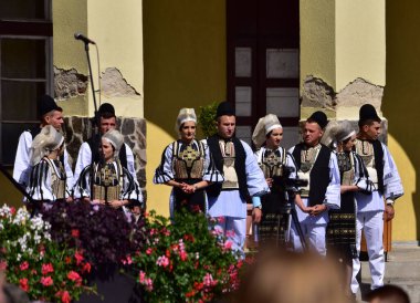 Sibiu Çayırı 'ndaki erkekler ve kızlar pastoral kostümler içinde yuvarlak kumaş şapkalar, etekli bir gömlek, pantolon, geniş bir deri kemer, göğüs ve kızlar beyaz bir fular, yakalı bir gömlek ve üç renkli bir kemer giyerler.