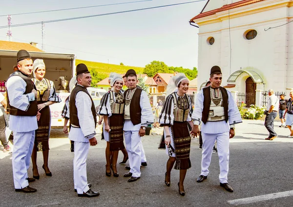 Sibiu Çayırı 'ndaki erkekler ve kızlar pastoral kostümler içinde yuvarlak kumaş şapkalar, etekli bir gömlek, pantolon, geniş bir deri kemer, göğüs ve kızlar beyaz bir fular, yakalı bir gömlek ve üç renkli bir kemer giyerler.