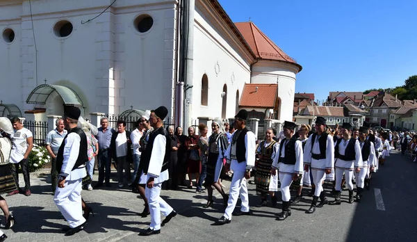 Sibiu Çayırı 'ndaki erkekler ve kızlar pastoral kostümler içinde yuvarlak kumaş şapkalar, etekli bir gömlek, pantolon, geniş bir deri kemer, göğüs ve kızlar beyaz bir fular, yakalı bir gömlek ve üç renkli bir kemer giyerler.