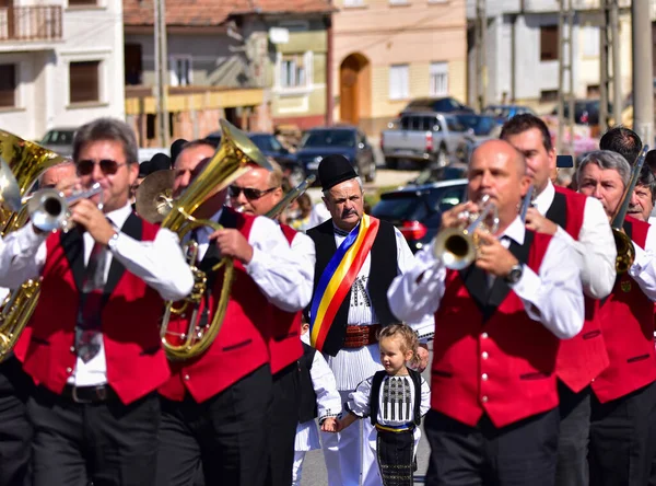 Zespół Marszowy Hermannstadt Składający Się Muzyków Dętych Perkusyjnych Ubranych Mundury — Zdjęcie stockowe