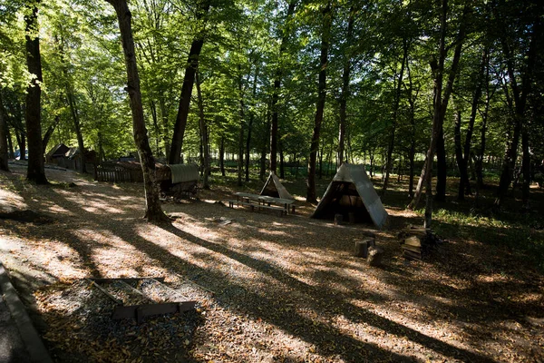 锡比乌森林吉卜赛人的营地或萨德拉 包括设有铁匠作坊的大帐篷 吉卜赛人睡觉的小帐篷 带有棚屋和餐桌的推车 — 图库照片