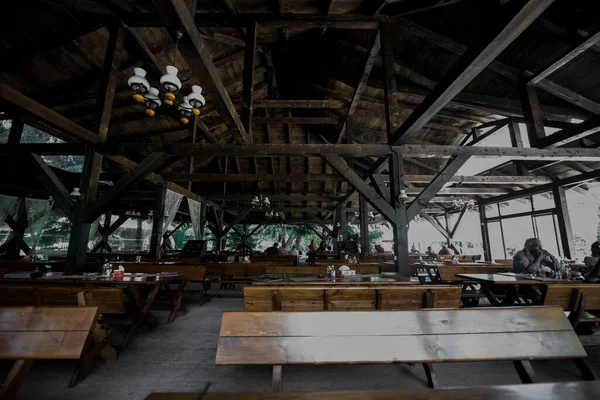 Medieval Pavilion Sibiu Forest Wooden Construction Covered Shingles Reeds Houses — Stock fotografie