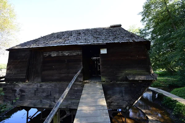 Floating Mill Rectangular Construction Plank Walls Gabled Roof Covered Fir — Stock Photo, Image