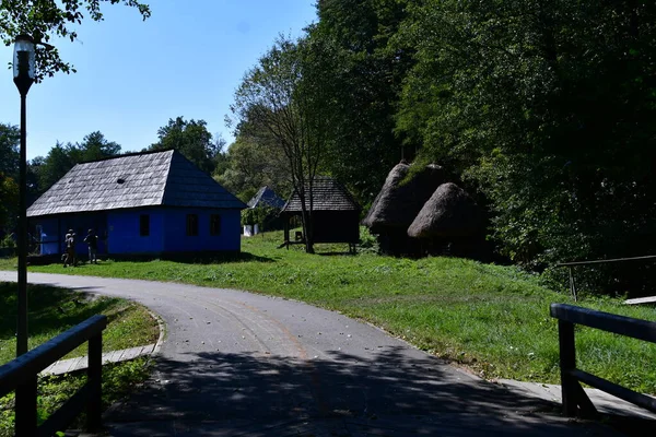 Het Traditionele Pastorale Huis Met Muren Van Sparren Balken Gesneden — Stockfoto