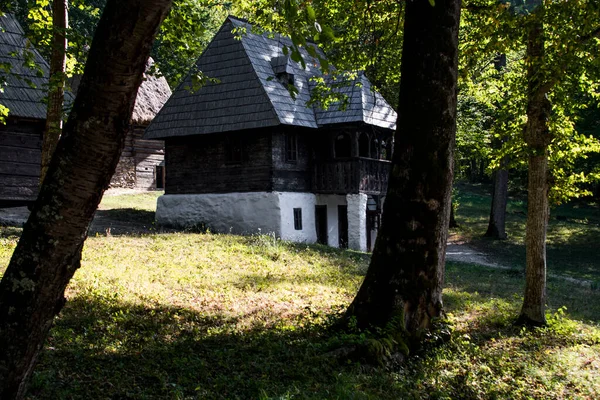 伝統的なルーマニア様式の家は シンプルさと謙虚さ ユーティリティと天然素材 自然との関係で最後に作られた頑丈な建築 ドアはまだ短く 窓は小さい — ストック写真