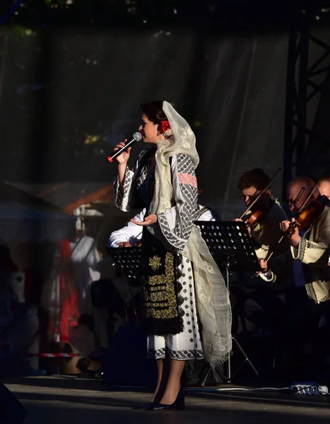 Targu Jiu Romania May 2013年5月8日穿着Gorj民族服装的艺术家西服中女性的部分是腰部 大腿和前背 男性的部分是衬衫 背心和腰带 — 图库照片