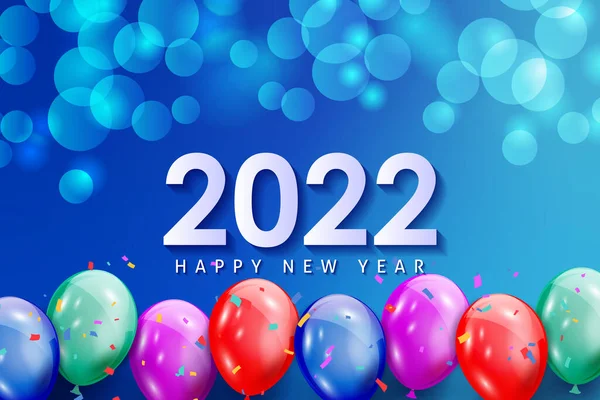 Mutlu yıllar 2022 tebrik kartı gerçekçi renkli balonlar tebrik kartı, poster ve afiş için arka plan tasarımı kutluyor. Vektör illüstrasyonu.