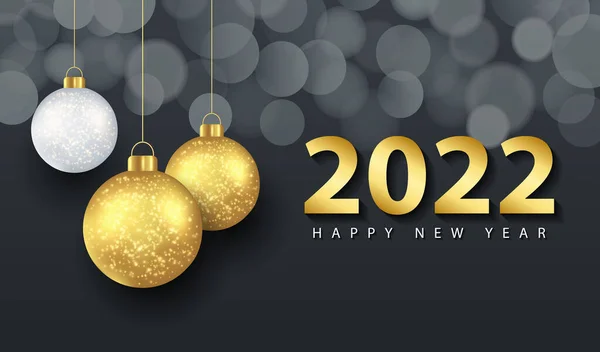 2022 mutlu yeni yıl tebrik kartı gerçekçi altın ve beyaz toplar tebrik kartı, poster, afiş tasarımı. Vektör illüstrasyonu.