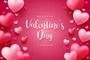 Mutlu Sevgililer Günü vektör tasarımı arkaplanı. Tebrik kartı, broşür, Poster, Banner vs. için gerçekçi 3D kalp. Vektör Resimlendirme Grafiği.