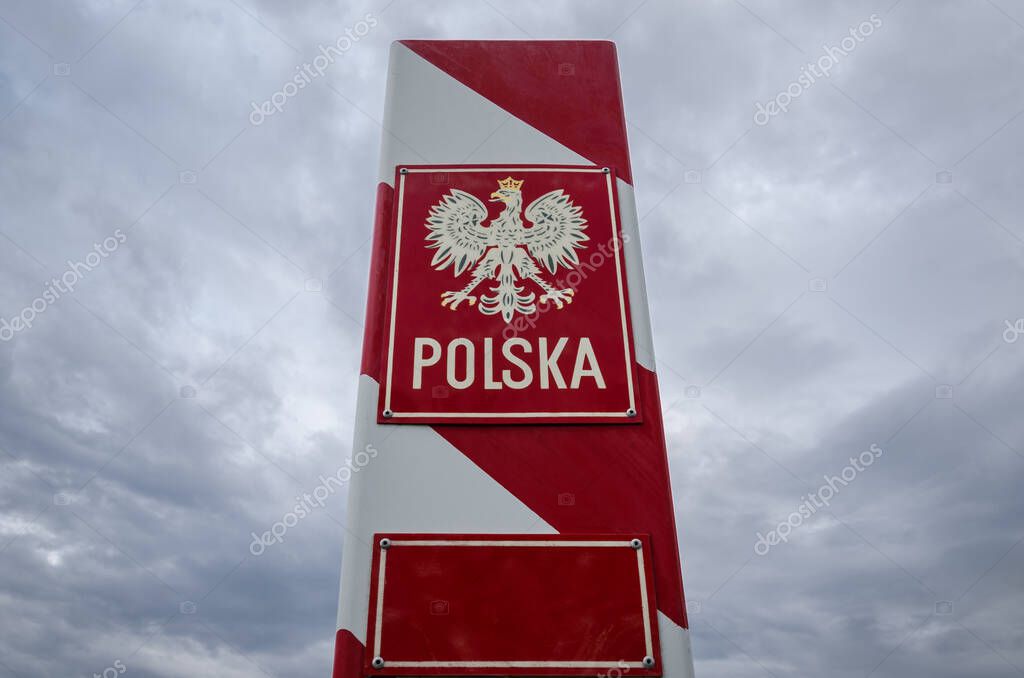 SWINOUJSCIE - WEST POMERANIA / POLAND - 2021: Polish border post with the national emblem