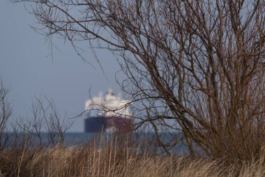 SEA Kıyı - Kum tepeciklerindeki bitkiler ve arka plandaki LNG tankeri 