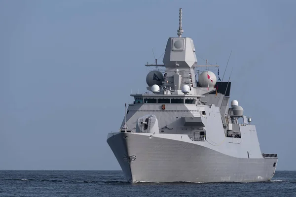 BALTIC SEA - POLAND - 2022: A modern Dutch frigate sails on the sea