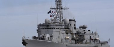 BALTIC SEA - POLAND - 2022: A modern French Navy frigate sails on the sea
