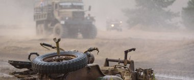 BORNE SULINOWO, WEST POMERANIAN - PLAND - 2022: An old German military motorcycle and a Russian truck at the shows of military enthusiasts