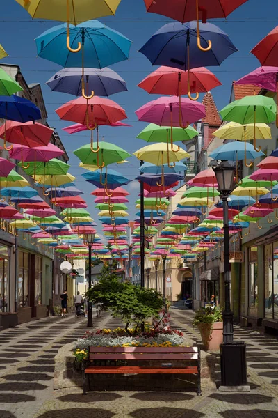 Polczyn Zdroj West Pomeranian 2022 Benches Walking Passage Colorful Umbrellas — стоковое фото