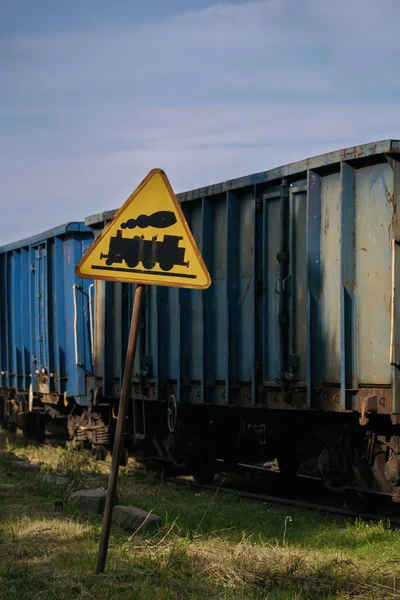 Railway Transport Road Sign Railroad Track Wagons Background — стоковое фото