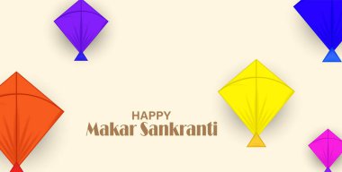 Mutlu Makar Sankranti Festivali Arkaplanı. Uçurtmalı ve dekorasyonlu bir resim.